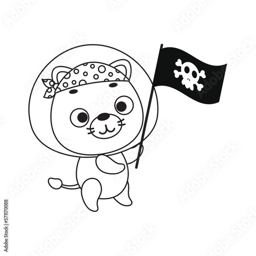 Coloring page cute little lion with pirate flag. Coloring book for kids. Edulionional activity for preschool years kids and toddlers with cute animal. Vector stock illustration photo