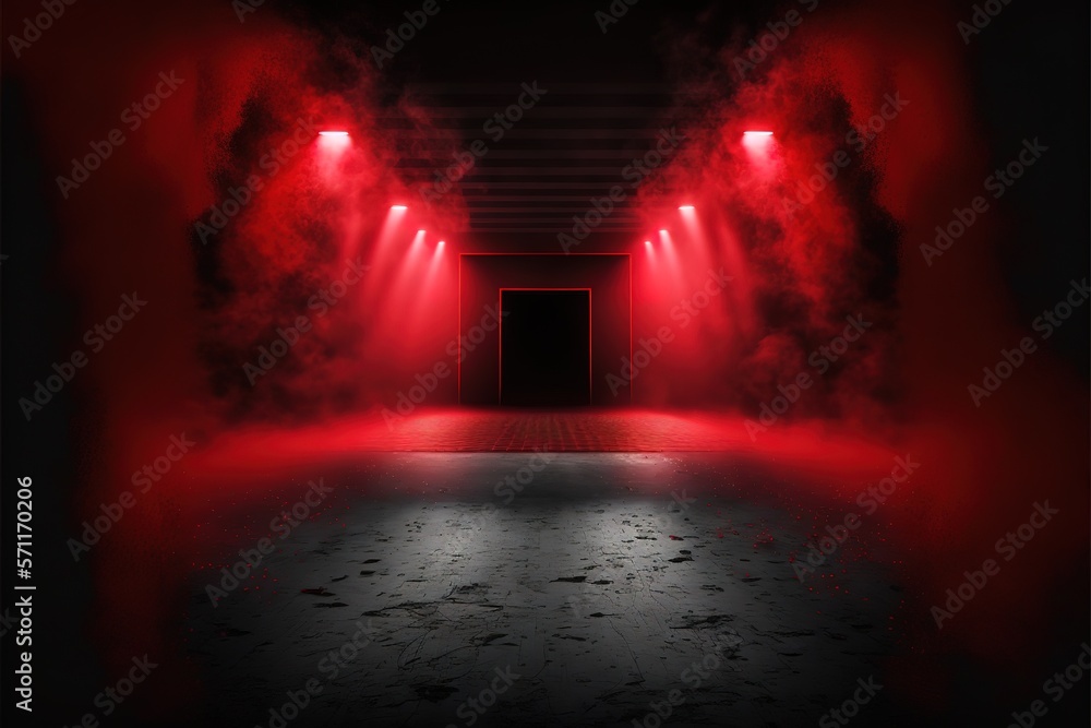 The dark stage shows, red background, an empty dark scene, neon light, spotlights The asphalt floor and studio room with smoke float up the interior texture for display products