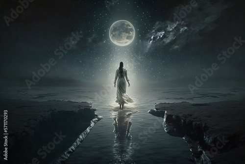 Woman in a nightgown walking ton water illuminated by moonlight. Generative AI photo