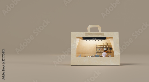 3d rendering small coffee shop concept in the paper bag Represents a souveni that looks like a good barista makes coffee for you.