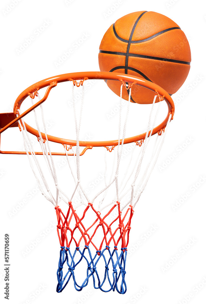 Basketball ball falling into the Basketball hoop isolated on white background, With clipping path