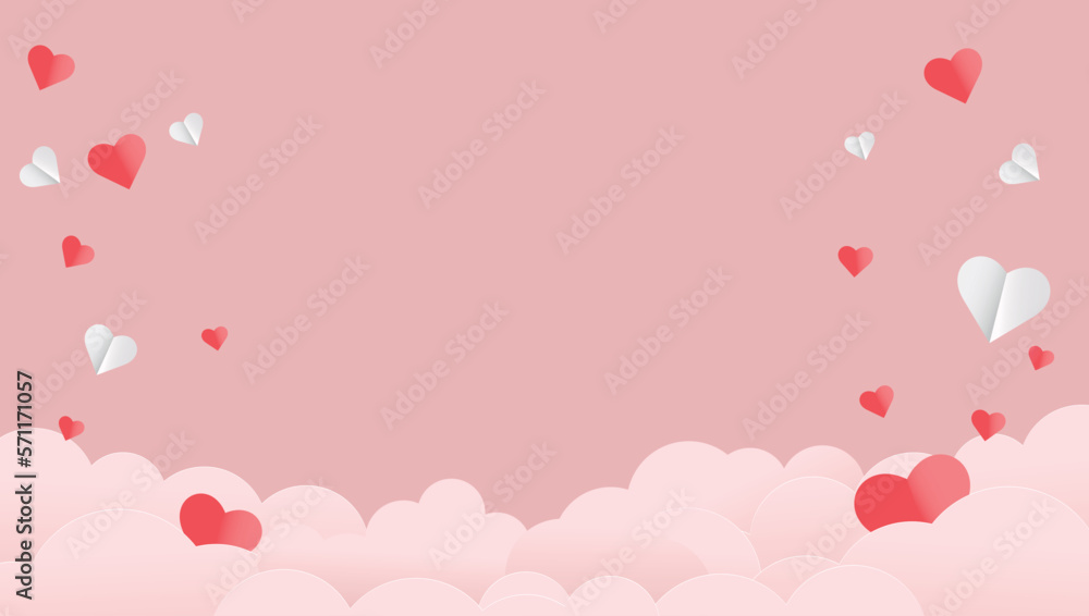 vector greeting card with clouds and hearts. Valentine's day card with paper hearts on pink background