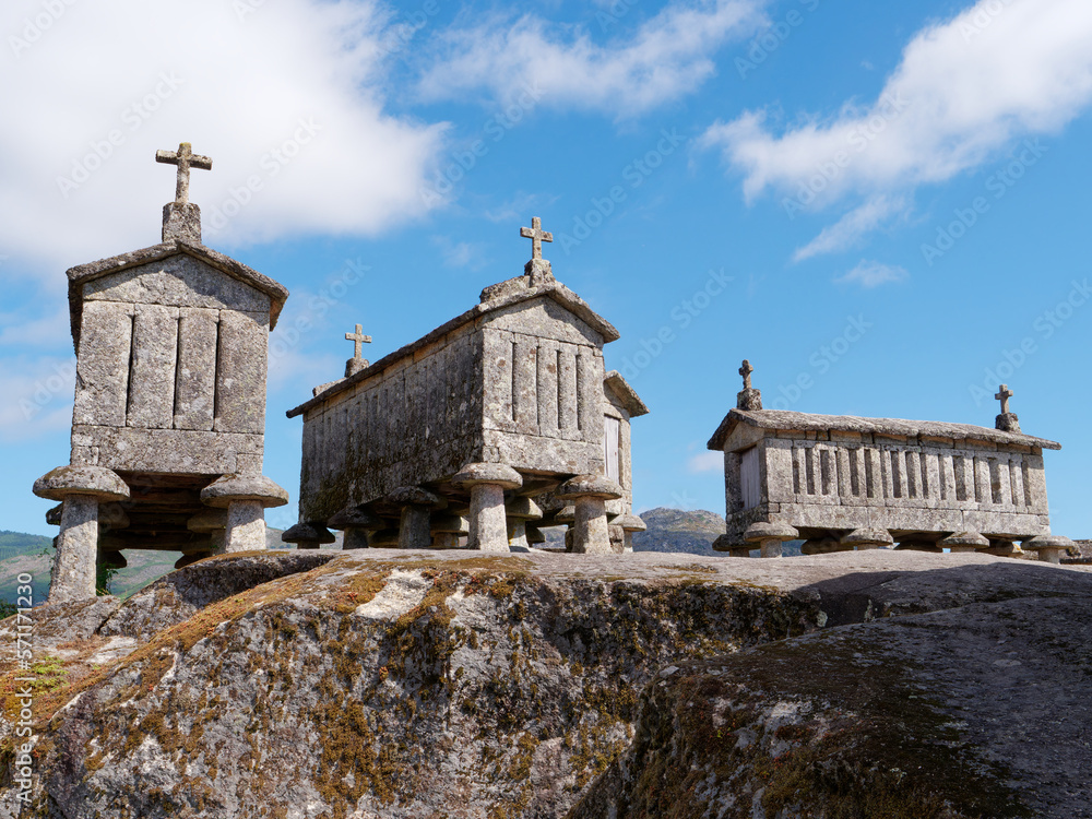 Granaries of Soajo or Espigueiros de Soajo in Portugal. These narrow stone granaries have been used to store and dry out grain for hundreds of years. 
