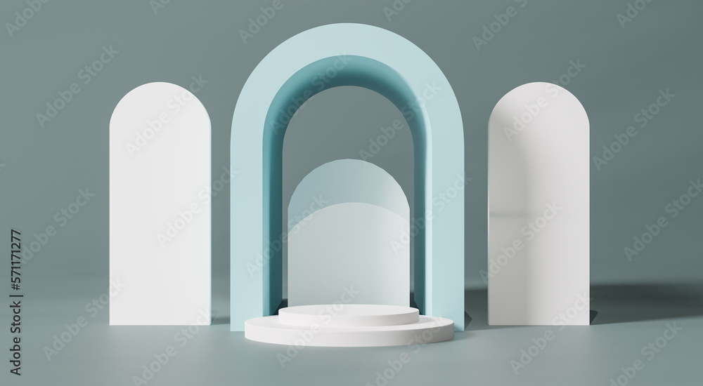 3d rendering A cylindrical podium rests in the middle of a green tunnel.Podium platform for product presentation, cosmetics. Pedestal mockup. Front view. Minimal concept. 3d rendering A cylindrical podium rests in the middle of a green tunnel.Podium platform for product presentation, cosmetics. Pedestal mockup. Front view. Minimal concept.
