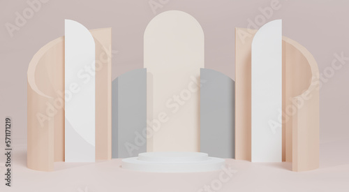 3d rendering  A white cylindrical podium is decorated with a geometric wall in the form of a showcase platform on a beige background.