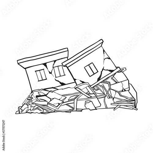 The residential building began to collapse and fall. Structures fly in different directions.  Vector illustration. The crack on the building was formed due to the tremors