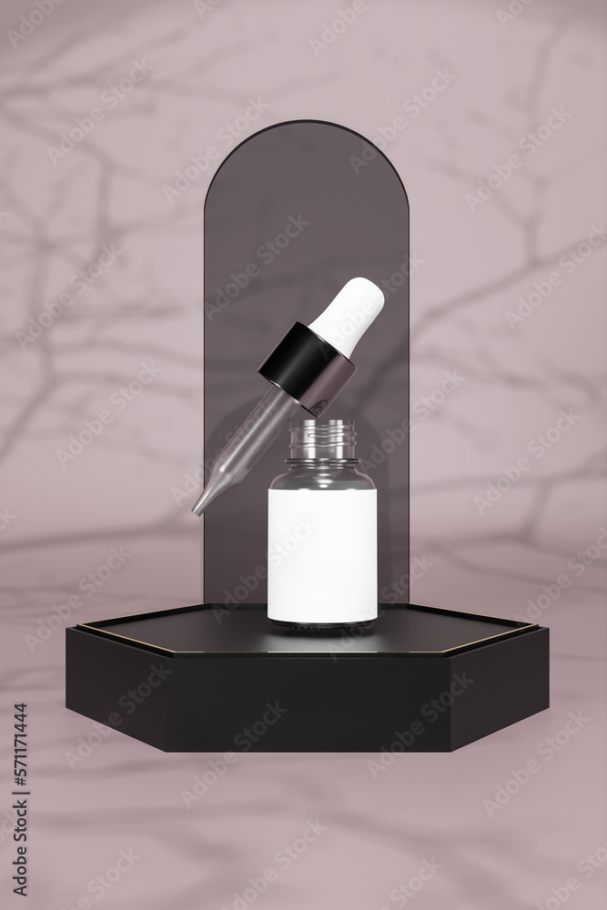 3d rendering A front view of flying serum cosmetics placed on a grey colored background with beautiful shadows giving a luxurious feel. 3d rendering A front view of flying serum cosmetics placed on a grey colored background with beautiful shadows giving a luxurious feel.