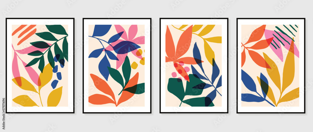 Set of abstract foliage  wall art vector. Leaves, grunge texture, colorful, leaf branches, flower in hand drawn style. Botanical wall decoration collection design for interior, poster, cover, banner.