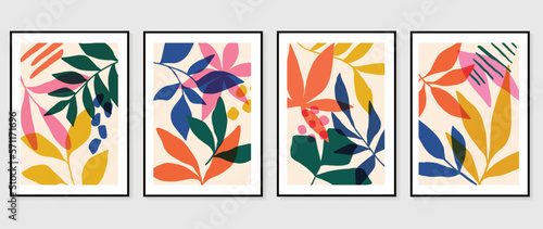Set of abstract foliage wall art vector. Leaves, grunge texture, colorful, leaf branches, flower in hand drawn style. Botanical wall decoration collection design for interior, poster, cover, banner.