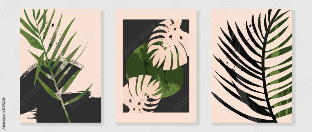 Set of abstract foliage wall art vector. Watercolor texture, tropical ...