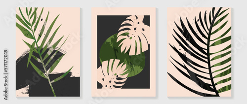 Set of abstract foliage wall art vector. Watercolor texture, tropical plants, palm leaf, monstera in hand drawn style. Botanical wall decoration collection design for interior, poster, cover, banner.