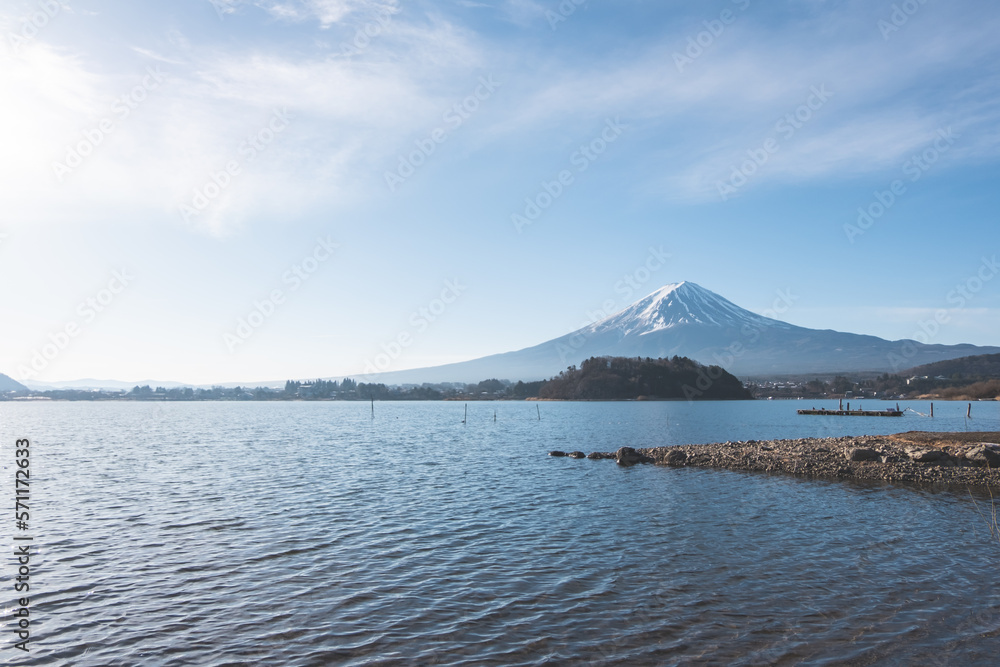 Mount Fuji from Kawaguchiko lake in Yamanashi, Japan. Lake view with Fuji mountain background.