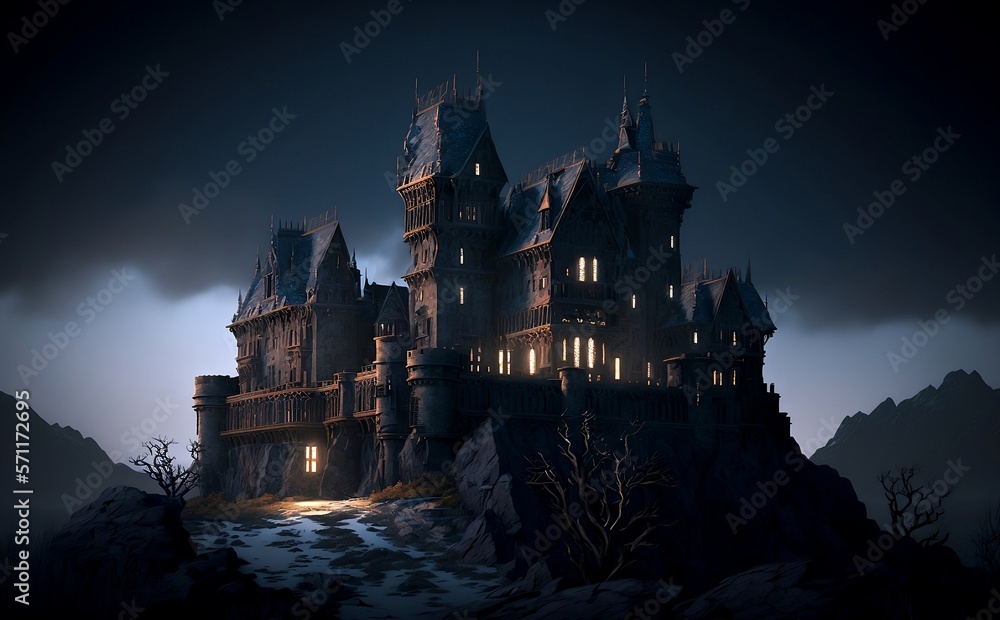 Illustration of the dark castle at night. Generative AI technology.