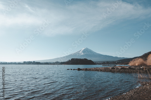 Mount Fuji from Kawaguchiko lake in Yamanashi, Japan. Lake view with Fuji mountain background.