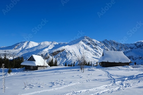 Beautiful winter scenery of Hala Gasienicowa (Valley Gasienicowa) withshepherd's hut in Tatras Mountains, Zakopane, Poland, Tatra National Park. 