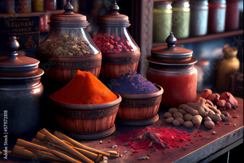 illustration of oriental spices and tea herb in colorful market. AI