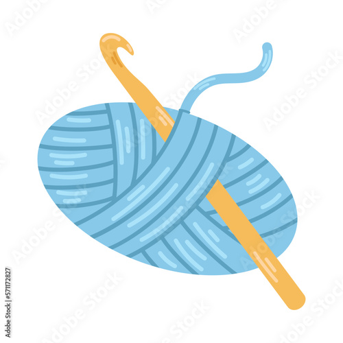 Vector wool skein with crochet hook. Knit threads. Cozy crafting hobby. Knitting. Blue yarn and yellow crochet hook in flat design.