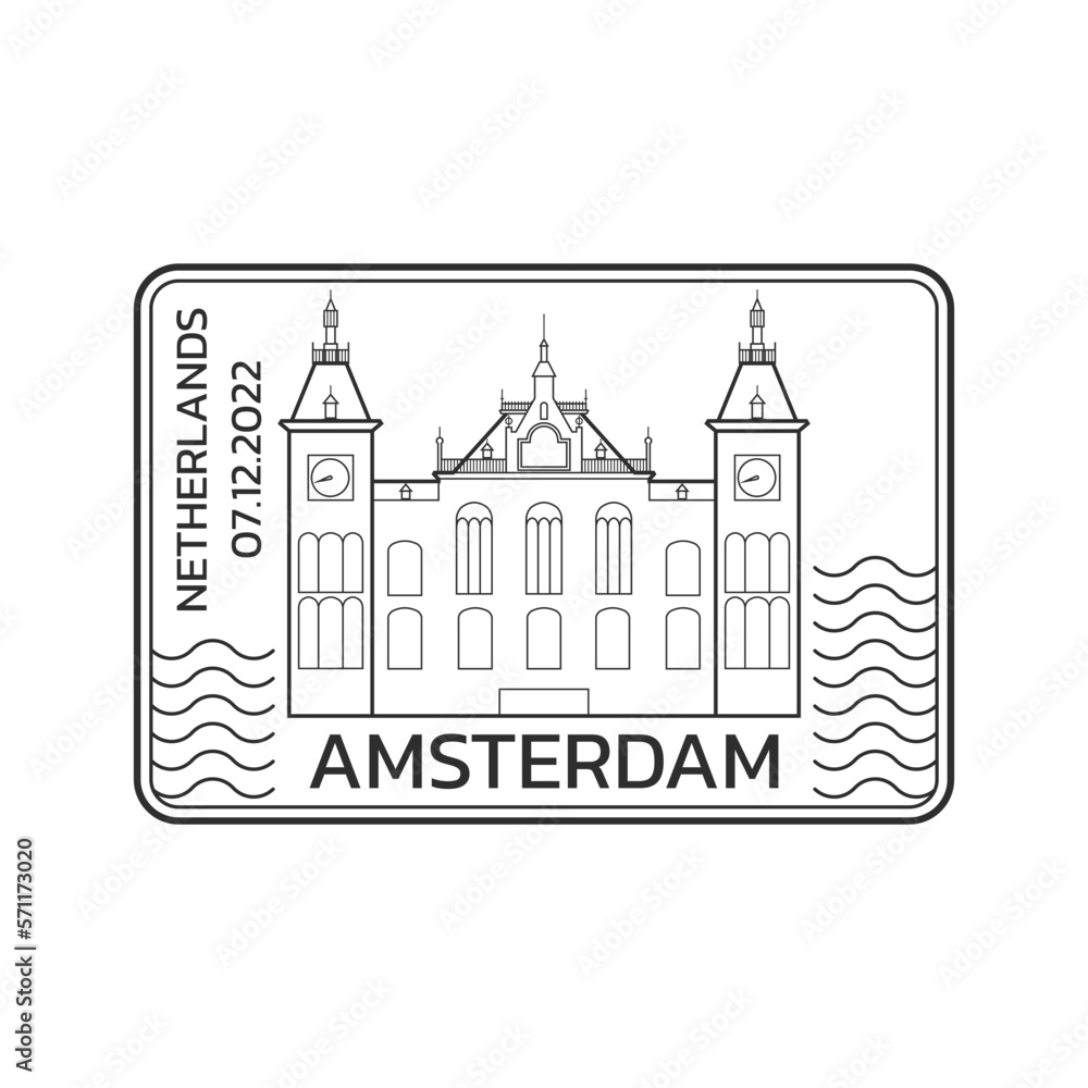 Amsterdam rubber stamp design. Travel, passport icon or seal with Central Station. The Netherlands symbol. Vector illustration.