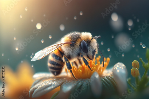 A honey bee close-up on a flower with bokeh background. A macro-honey bee on a rainy day. Generative AI