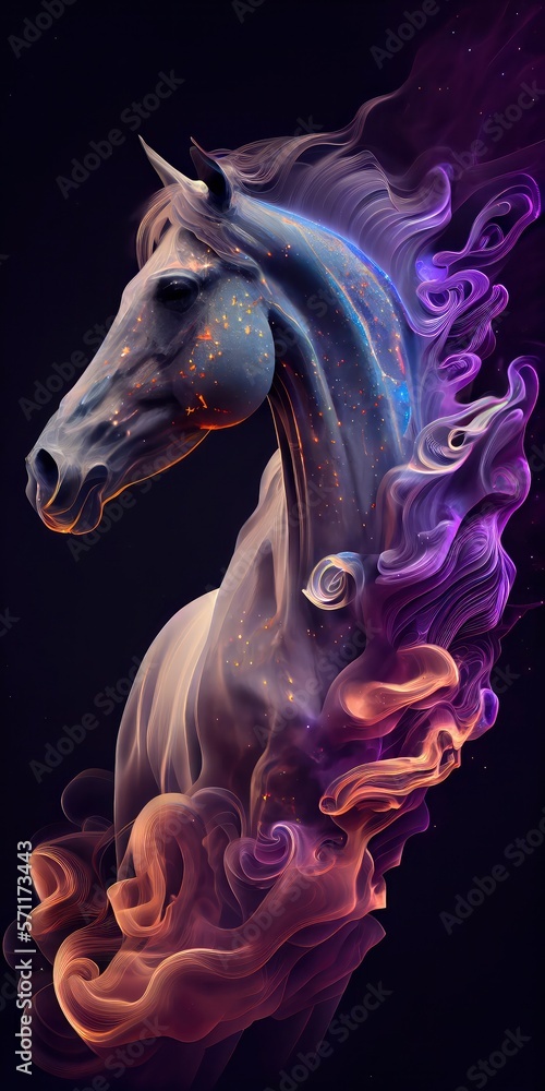 horse in galaxy stars with iridescent style and with the shape of a horses face generative ai