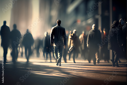 illustration of crowd of anonymous people walking on busy city street. AI