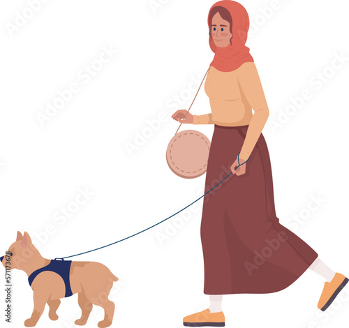 Happy young woman walking dog on leash semi flat color vector character. Editable figure. Full body person on white. Simple cartoon style illustration for web graphic design and animation