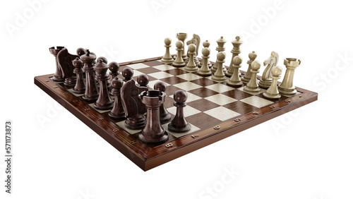 Tableau sur toile Chess board with wooden chess pieces isolated on white background