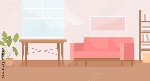 Lovely living room with sofa and wooden table flat color vector illustration. Fresh spring air coming through window. Fully editable 2D simple cartoon interior with pink walls on background