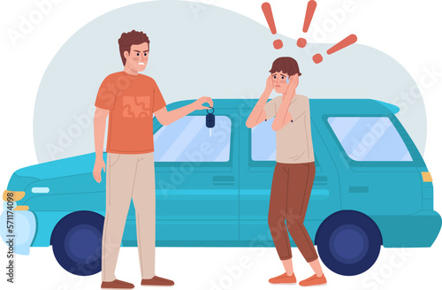 Teen scared of driving 2D vector isolated illustration. Irritated father wanting son to driving car flat characters on cartoon background. Colorful editable scene for mobile, website, presentation