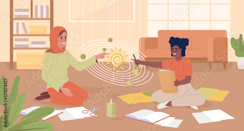 Encouraging child to study astronomy flat color vector illustration. Mother helping teenage daughter with homework. Fully editable 2D simple cartoon characters with living room interior on background