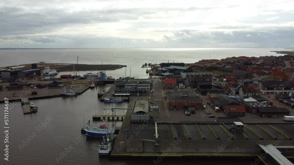 Arial: Fishing boat in harbor seen from above. Arial: Fishing boat in harbor seen from above.