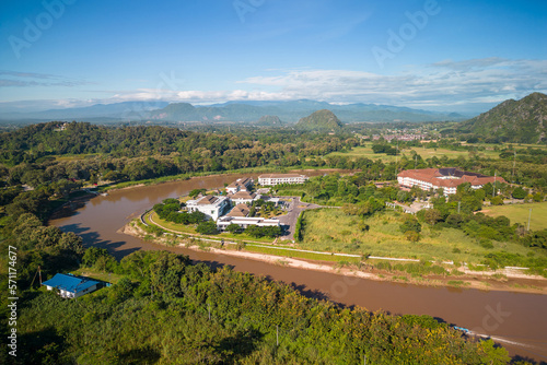 Aerial view of drone flying above Kok River, Chiang Rai Province, Thailand