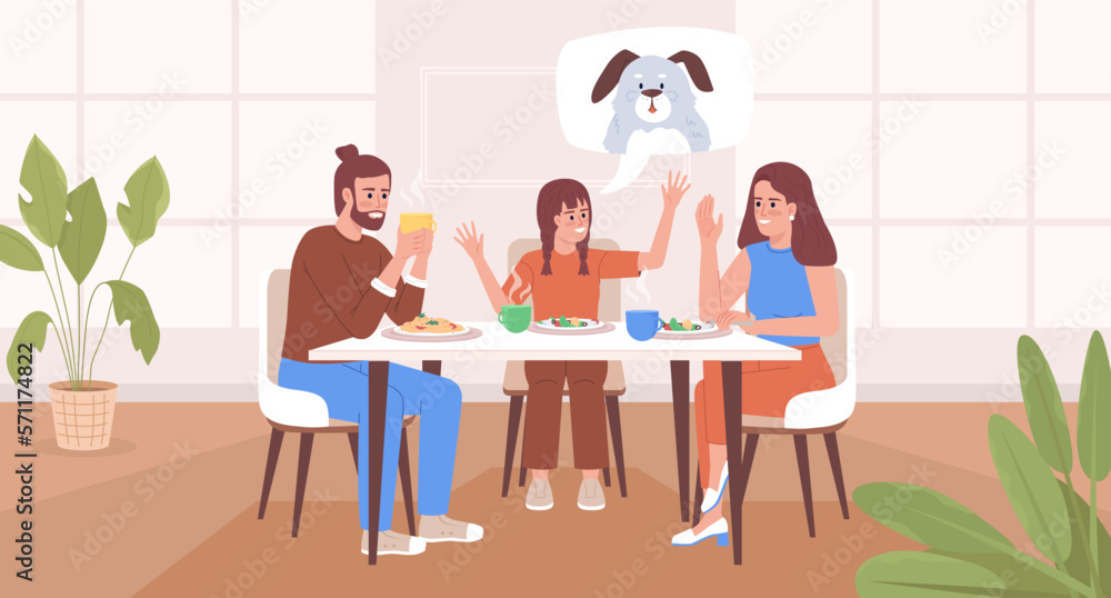 Having family dinner and nice conversation flat color vector illustration. Happy girl asking parents to get dog. Fully editable 2D simple cartoon characters with cozy dining room on background Having family dinner and nice conversation flat color vector illustration. Happy girl asking parents to get dog. Fully editable 2D simple cartoon characters with cozy dining room on background