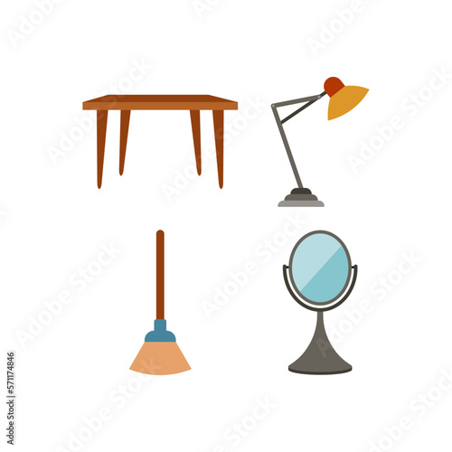 House Furniture icons set. Vector symbols of Home decor, living room, bed room, bath room, outside furniture. Collection of minimal style isolated and colorful illustrations.