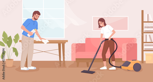Sharing household responsibilities flat color vector illustration. Father and daughter doing housework together. Fully editable 2D simple cartoon characters with living room interior on background
