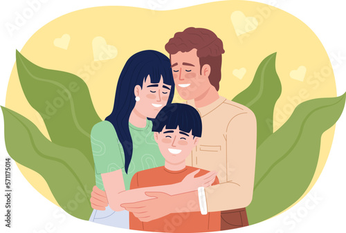 Showing affection to child 2D vector isolated illustration. Mother and father hugging excited son flat characters on cartoon background. Colorful editable scene for mobile, website, presentation