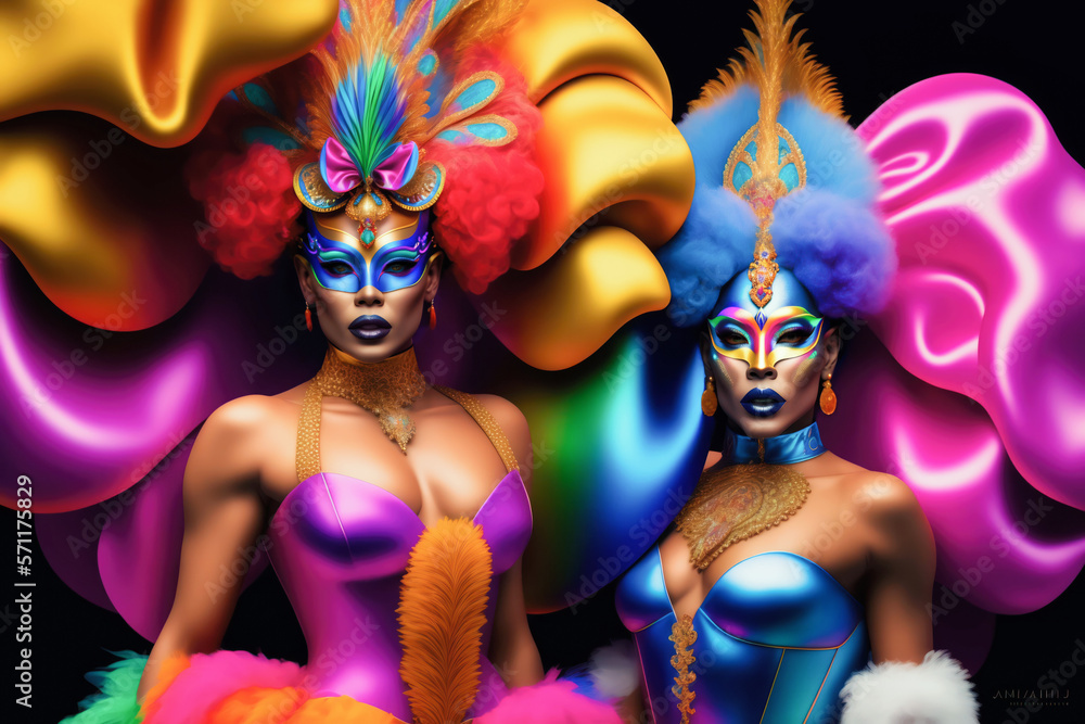 Drag queens actress in glamorous dresses and carnival masks for show party. Two sexy drags in bright fantasy costumes for a magical party carnival. Generative ai
