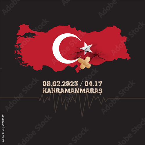 Catastrophic devastating earthquake shock in south east Turkey. Natural disaster in Kahramanmaras, Turkiye, 06 February 2023. Map and flag of Turkiye with cracks and adhesive plaster.