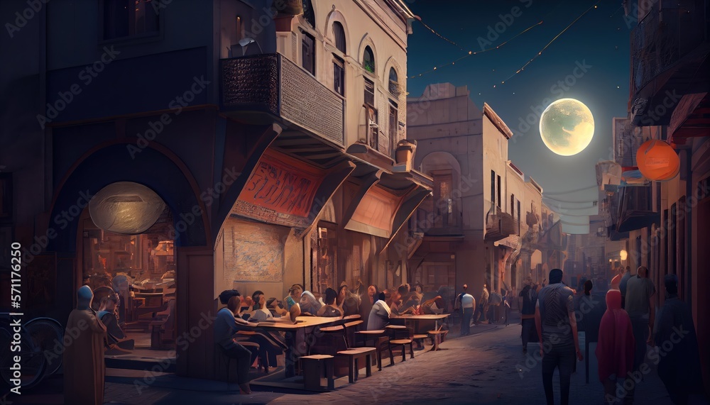 A bustling street, with people breaking fast and sharing food ramadan of celebration background. generative ai A bustling street, with people breaking fast and sharing food ramadan of celebration background. generative ai