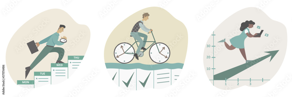 Fototapeta premium Effective time planning. Time management concept. Businessman with briefcase run up on stairs of schedule. Character rides time bike. Girl runs along arrow to success. Flat vector illustration