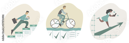 Effective time planning. Time management concept. Businessman with briefcase run up on stairs of schedule. Character rides time bike. Girl runs along arrow to success. Flat vector illustration