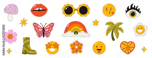 Retro clipart of the 60s - 70s. Vector illustrations in simple style. Stickers - Palm, rainbow, butterfly, flowers,mushroom, smiley face. Hippie psychedelic style. Isolated on background. 