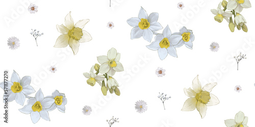 Light watercolor floral print - seamless background. Endless pattern with yellow flowers on white. Daffodils and Chamomile plants. Vector Stylish illustration, children - babies, spring, summer design