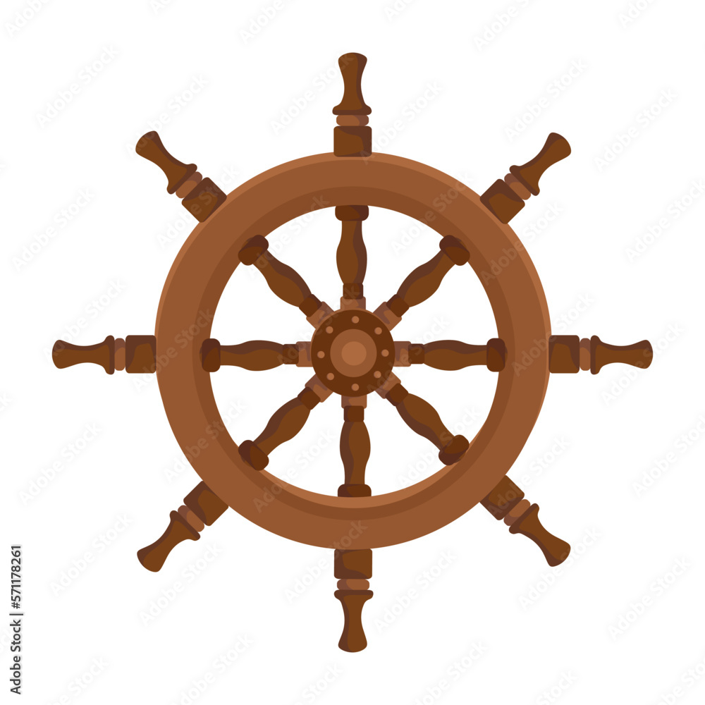 Wooden helm of ancient ship. Isolated icon on white background. Vector illustration for map design, posters, postcards, backgrounds. 