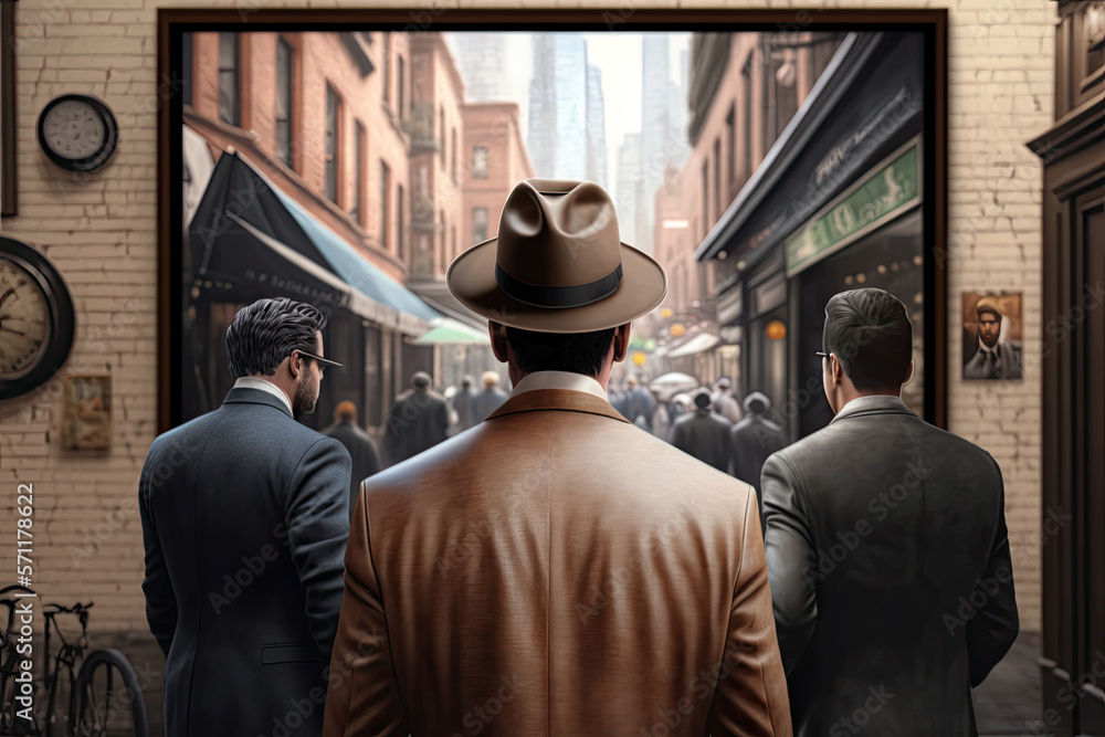 Business in New York City, aback view of business men walking in the city streets - Generative AI