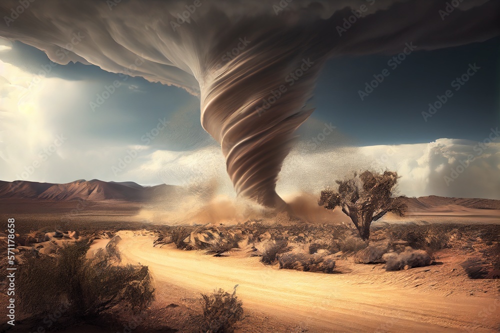 Tornado in the desert. Storm wind with an air funnel in the desert
