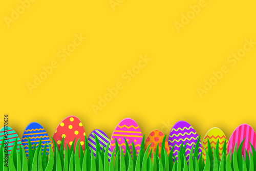 Colourful Easter eggs hidden in the grass. Paper cut style background. Vector illustration
