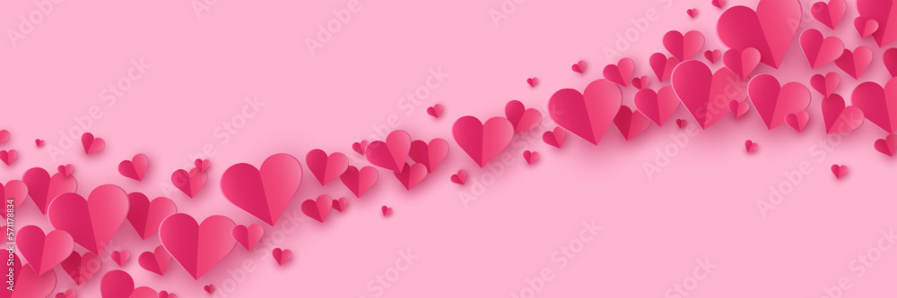Paper cut elements in shape of heart on wh pink ite background. Symbols of love for Valentine’s Day, Mother’s Day and Women’s Day. Banner. Vector illustration