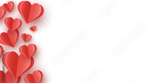 Floating hearts on white background.  Paper cut decoration. Design for Valentine’s Day. Vector illustration.