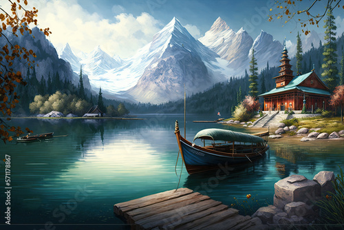 A beautiful lake with a boat and a temple in Asia - Generative AI © jovannig